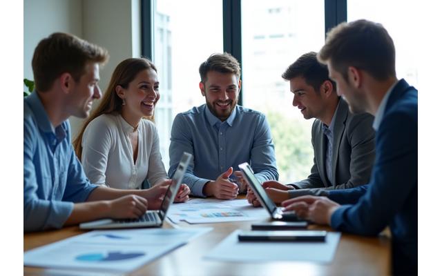 Business professionals engaged in a strategic discussion around a table with charts and laptops.