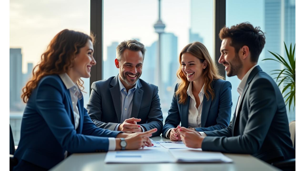 Diverse HR professionals collaborating in a modern Toronto office, overlooking the city skyline.