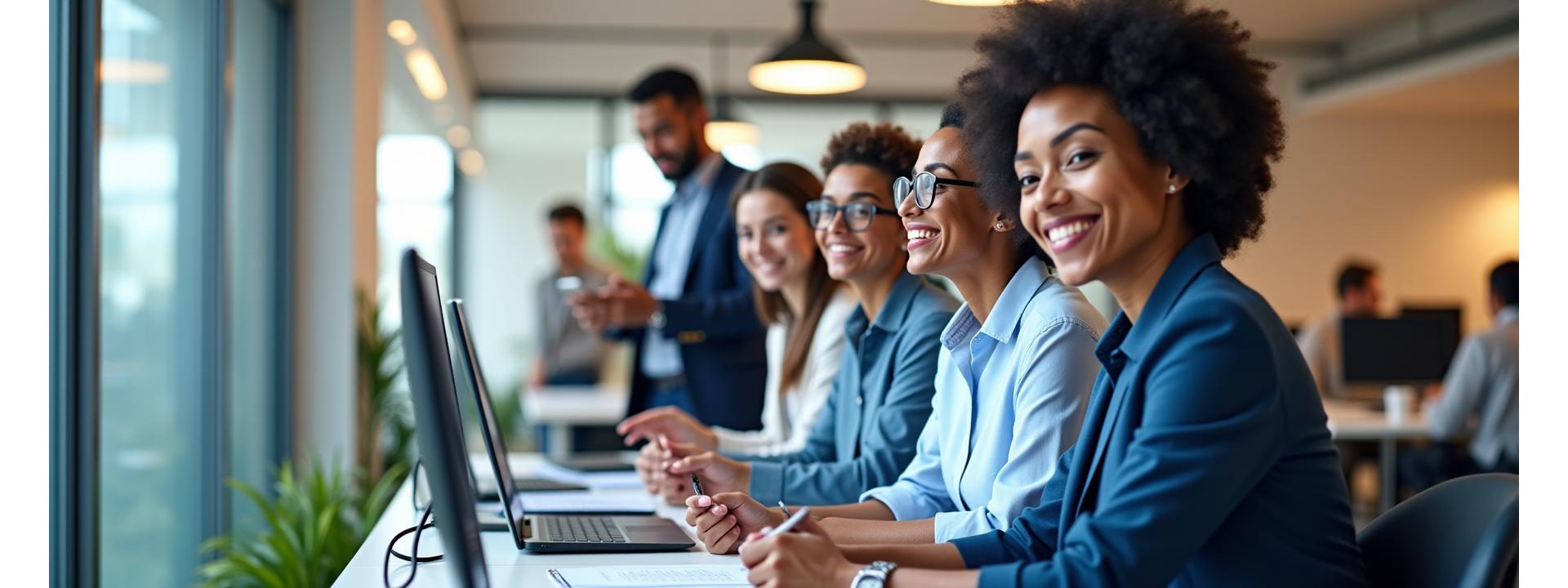 Team of HR professionals collaborating in a modern office looking welcoming.