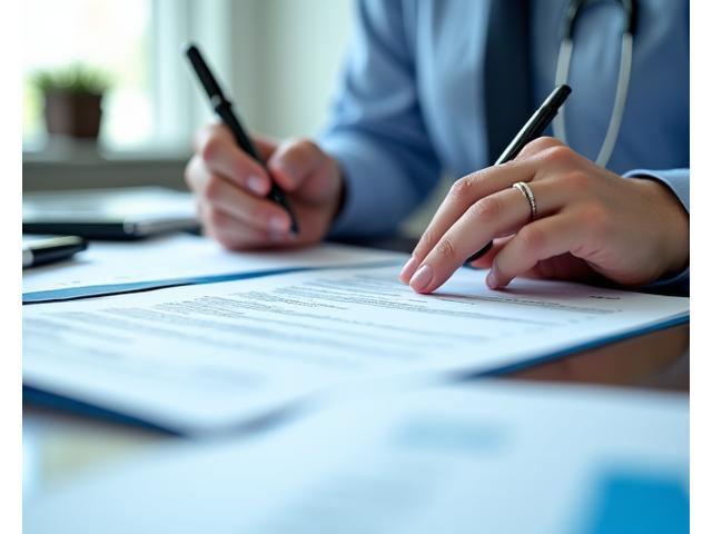 A close-up of hands reviewing medical credentials and documents, with a clear focus on accuracy and compliance
