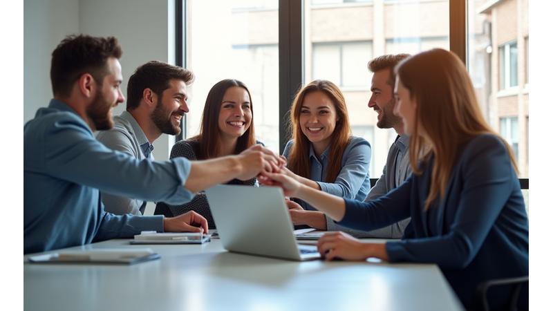 Diverse group of professionals collaborating in a modern office embodying success